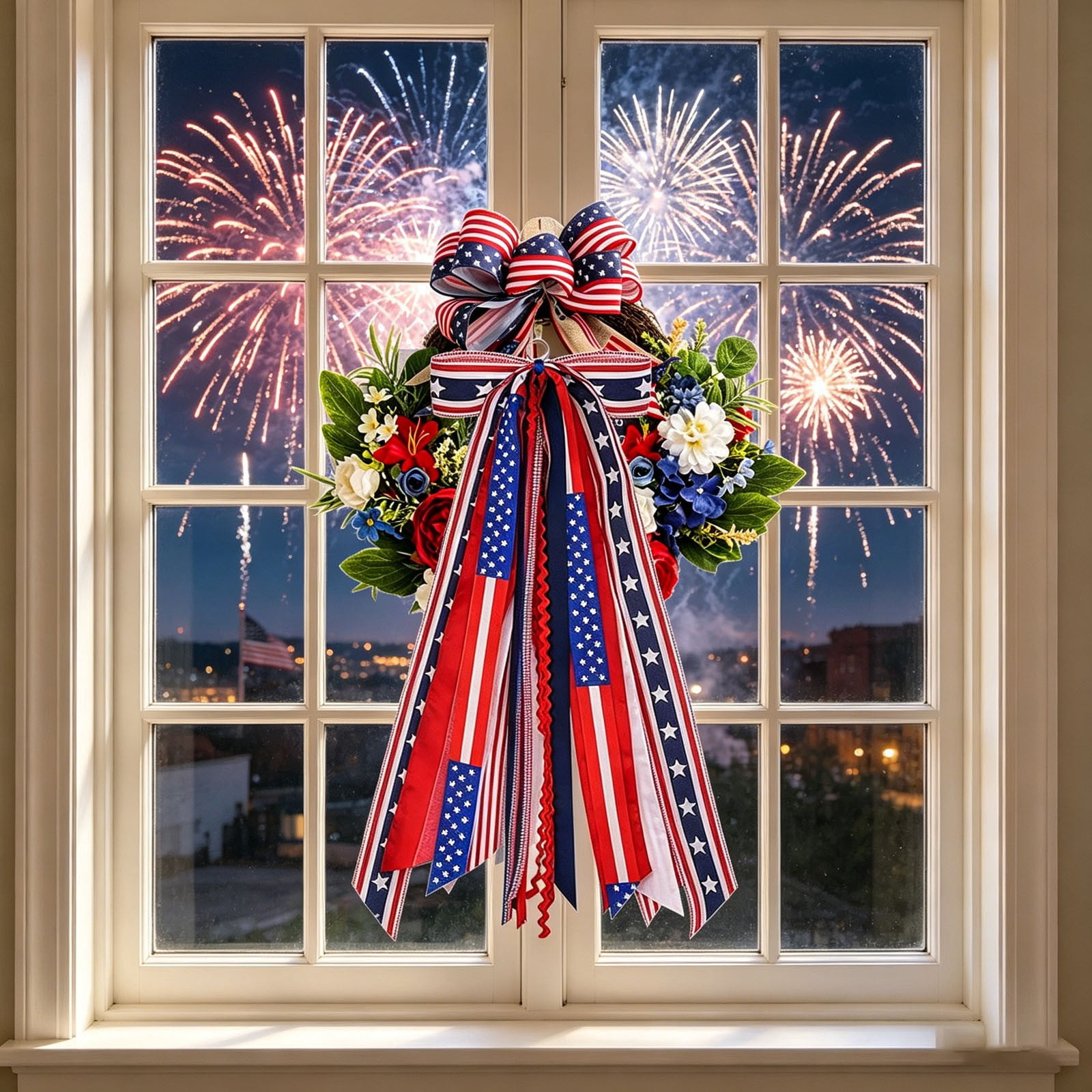 Patriotic Wreath Sash for Front Door with Star Charm, Assorted Ribbon Bundle Red White Blue, 4th of July Clip On Bow for Indoor Outdoor Memorial Day Independence Day Decor 2 Pcs