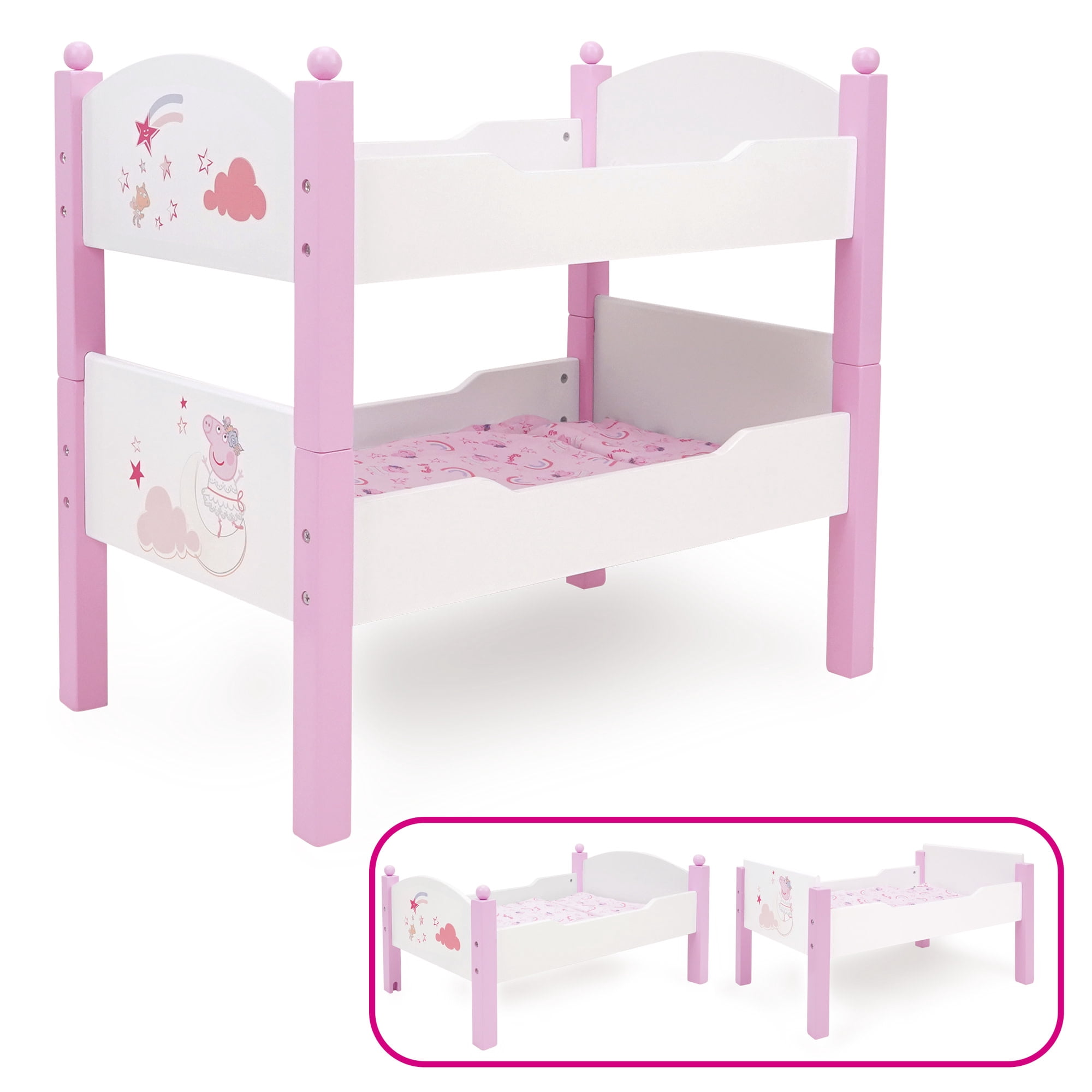 509 Crew: Peppa Pig - Wooden Doll Bunk Bed - Pink & White, Convertible to Single Beds, Blankets & Pillows, Doll & Plush Sleep Accessory Toy, Kids 3+
