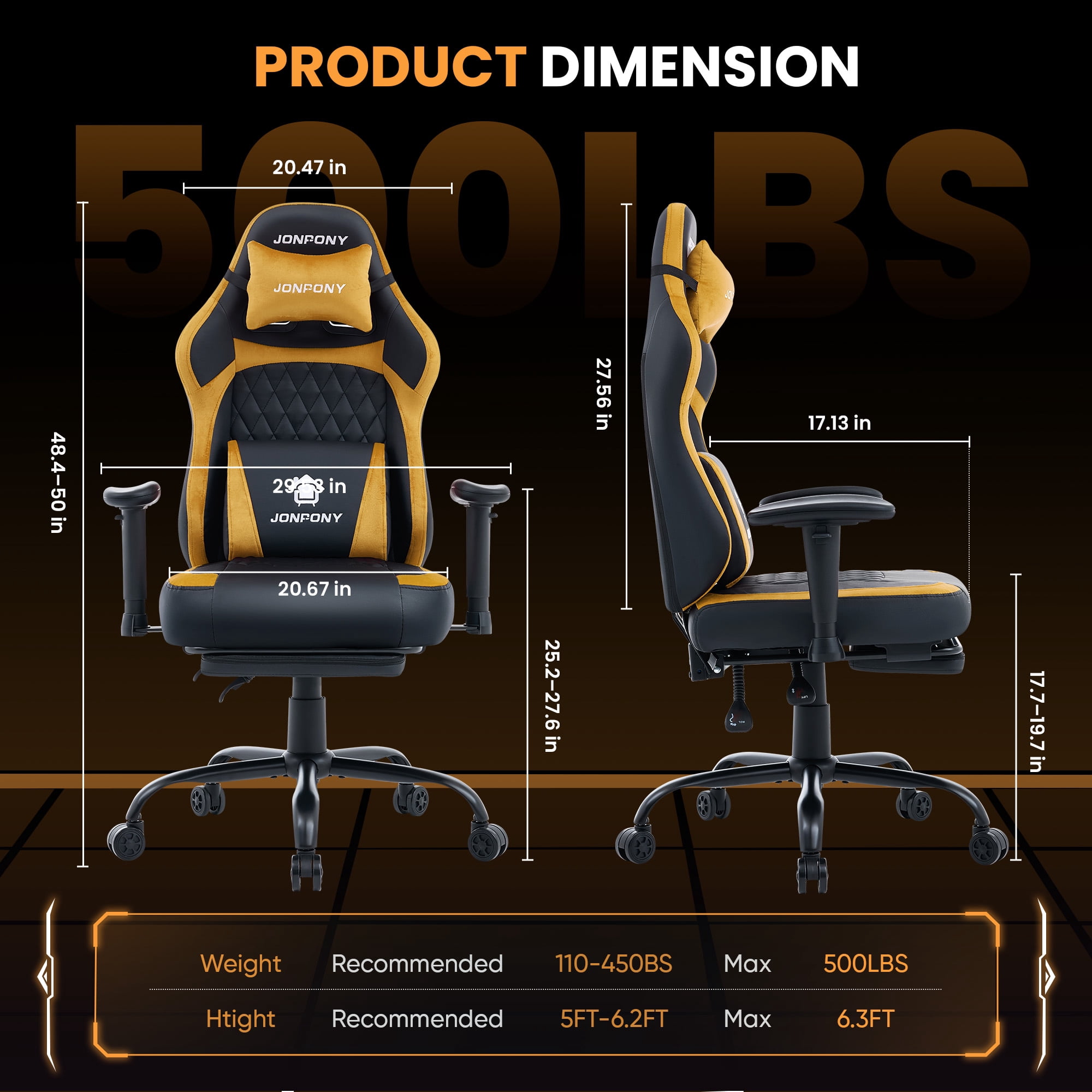 JONPONY Big and Tall 500LBS Ergonomic Gaming Chair, Gamer Chair PU Leather with Footrest and Lumbar Support, High Back Office Chair Support 8 Hours Long Sitting, Computer Chair,2D Armrests，Orange