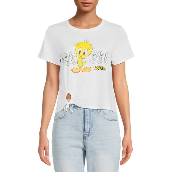 Tweety Women's Juniors Cropped T-Shirt with Ruched O-Ring