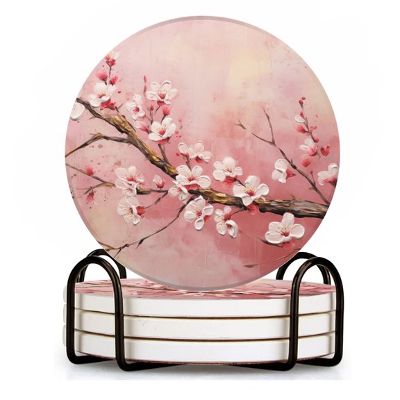 BaHomeck Drink Coasters Set of 4 with Holder large painting of cherry blossoms on pink background Water Absorbent Ceramic Coasters Tabletop Protection,Suitable for Various Cup ,Home Decor