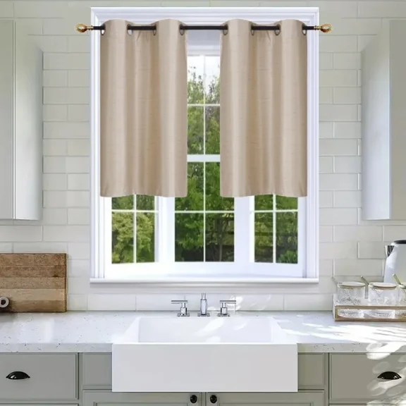 Gorgeous Home Linen 2pc Short Half Window Foam Lined Backing Grommet Panels Kitchen Tier 28"x 36"(each) Taupe Tan