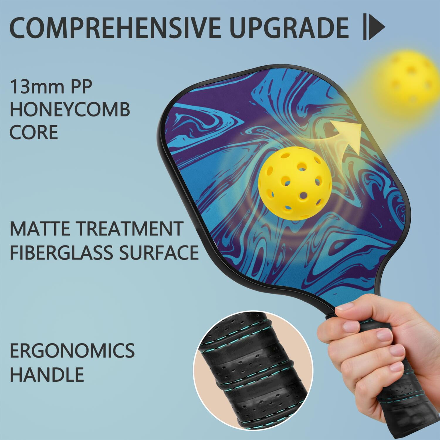 Pickleball Paddles Set Of 1, Fiberglass Surface, Liquid & Marble Print, 1 Paddles, 2 Balls & Bag