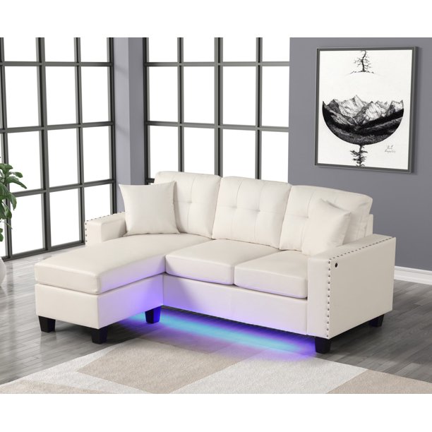 Reversible White Faux Leather Sofa Chaise w/ LED Lights, USB Port Included White PU Sectional w
