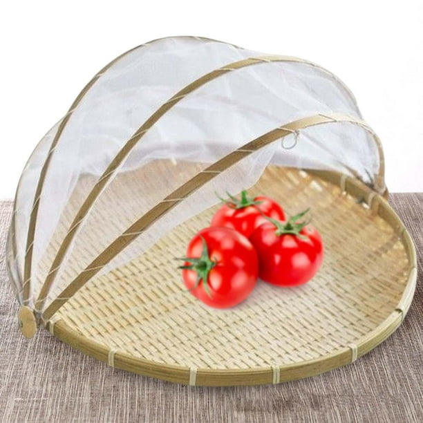 Cesta de tienda para servir alimentos con organizador de cubierta de red, contenedor tejido a mano, bandeja a prueba de polvo para Picnic, verduras, frutas para el hogar L BLESIY Cesta de la tienda