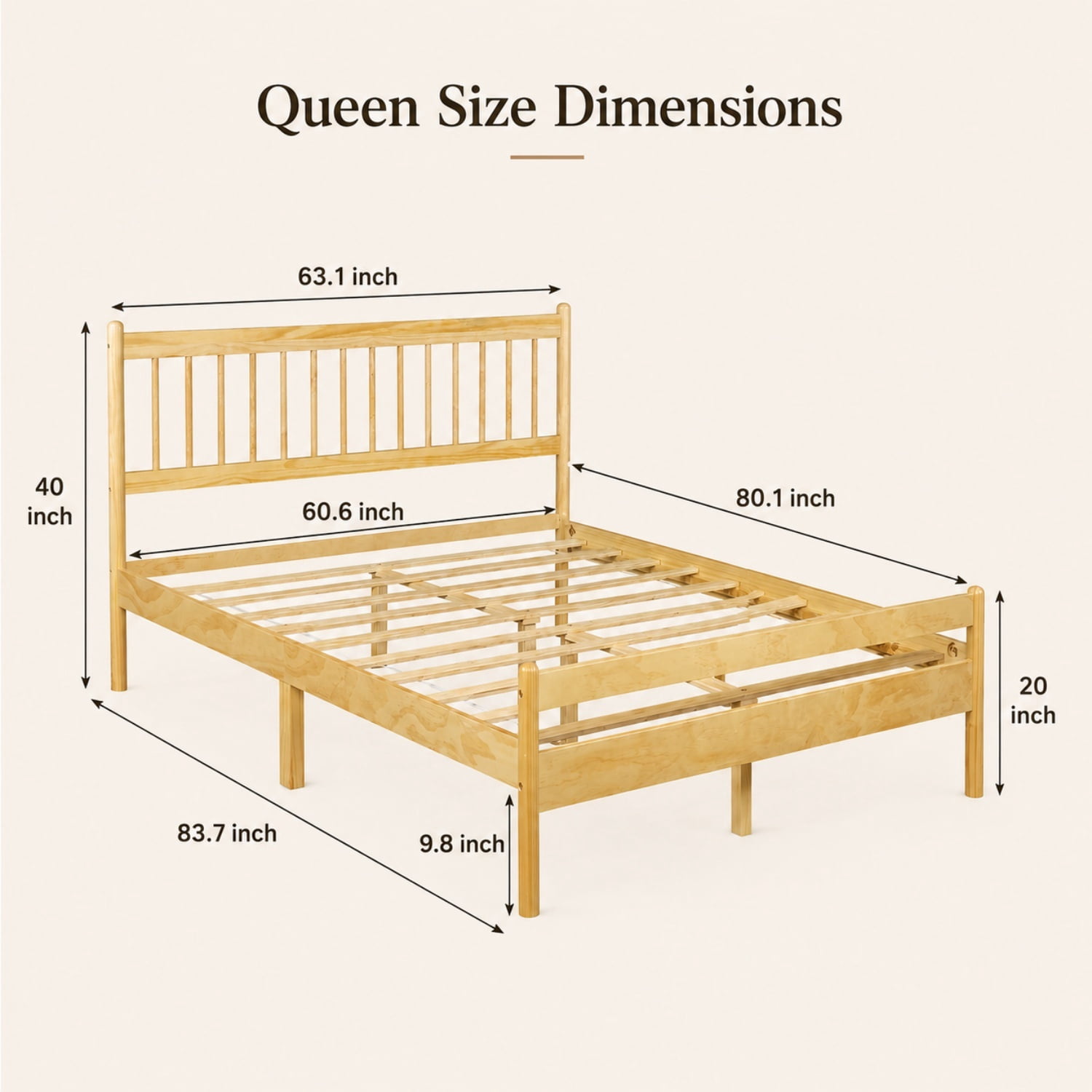 Miniyam Queen Pine Wood Platform Bed Frame with Spindle Headboard, 9.8" Underbed Storage, Natural