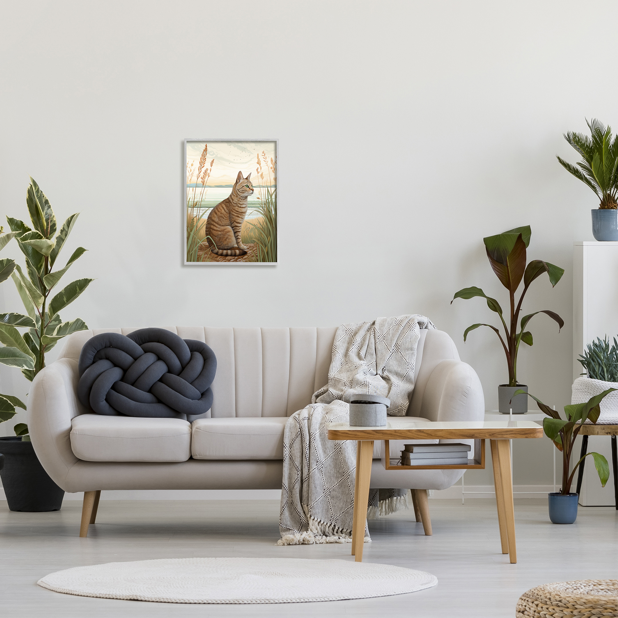 Stupell Industries Cat Sitting on Beach Animals & Insects Painting Gray Framed Art Print Wall Art, 16 x 20