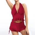 thumbnail image 2 of ylioge Summer Tankini Swimsuits for Women Two Piece Bathing Suits Ladies Trendy Solid Halterneck V Neck Tops High Waisted Shorts Bikini Sets, 2 of 5
