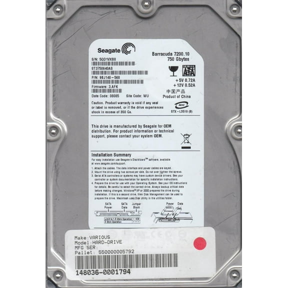 ST3750640AS, 5QD, WU, PN 9BJ148-568, FW 3.AFK, Seagate 750GB SATA 3.5 Hard Drive