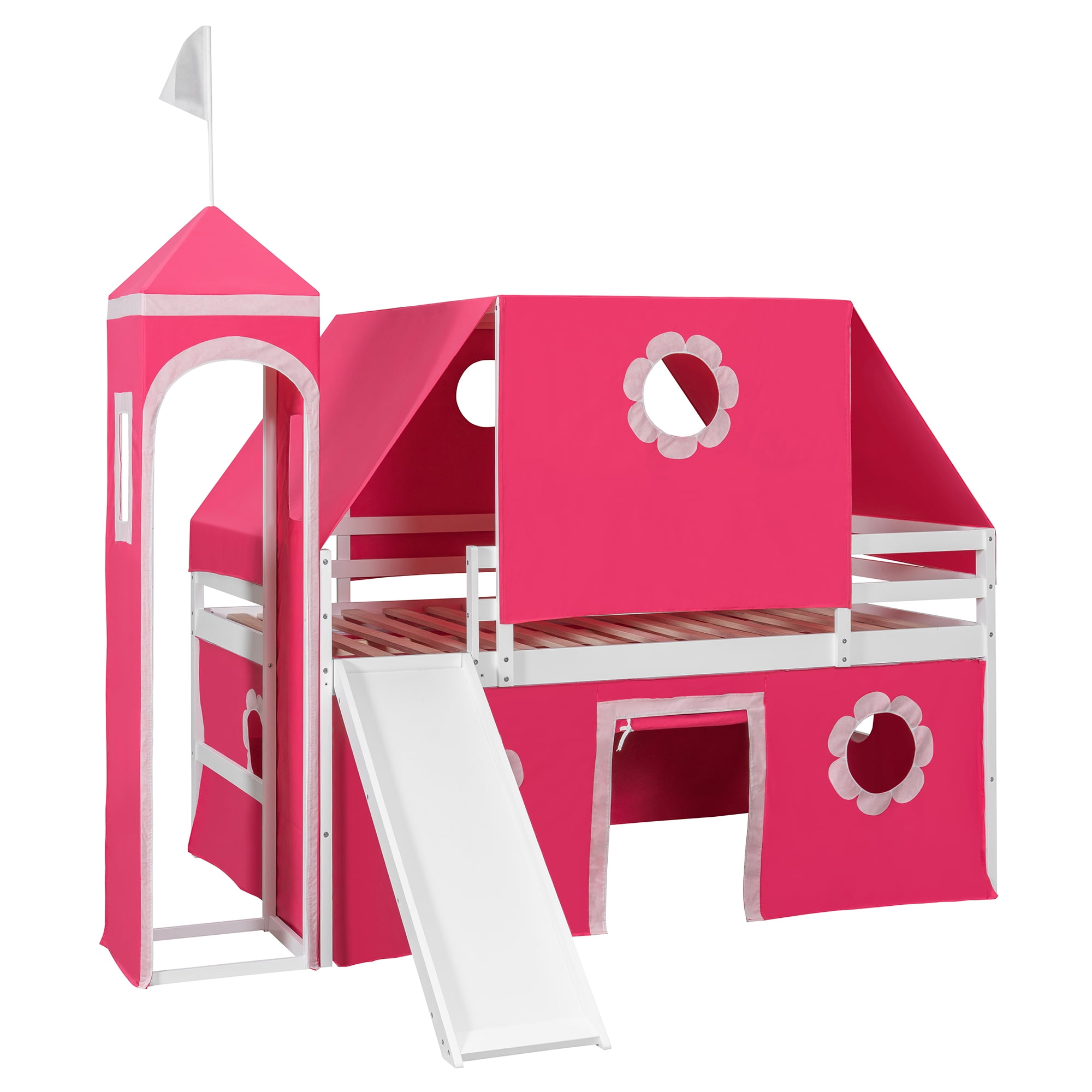 Aukfa Full Size Loft Bed with Slide - Princess Castle Bed with Tent and Tower for Kids Girls - Pink
