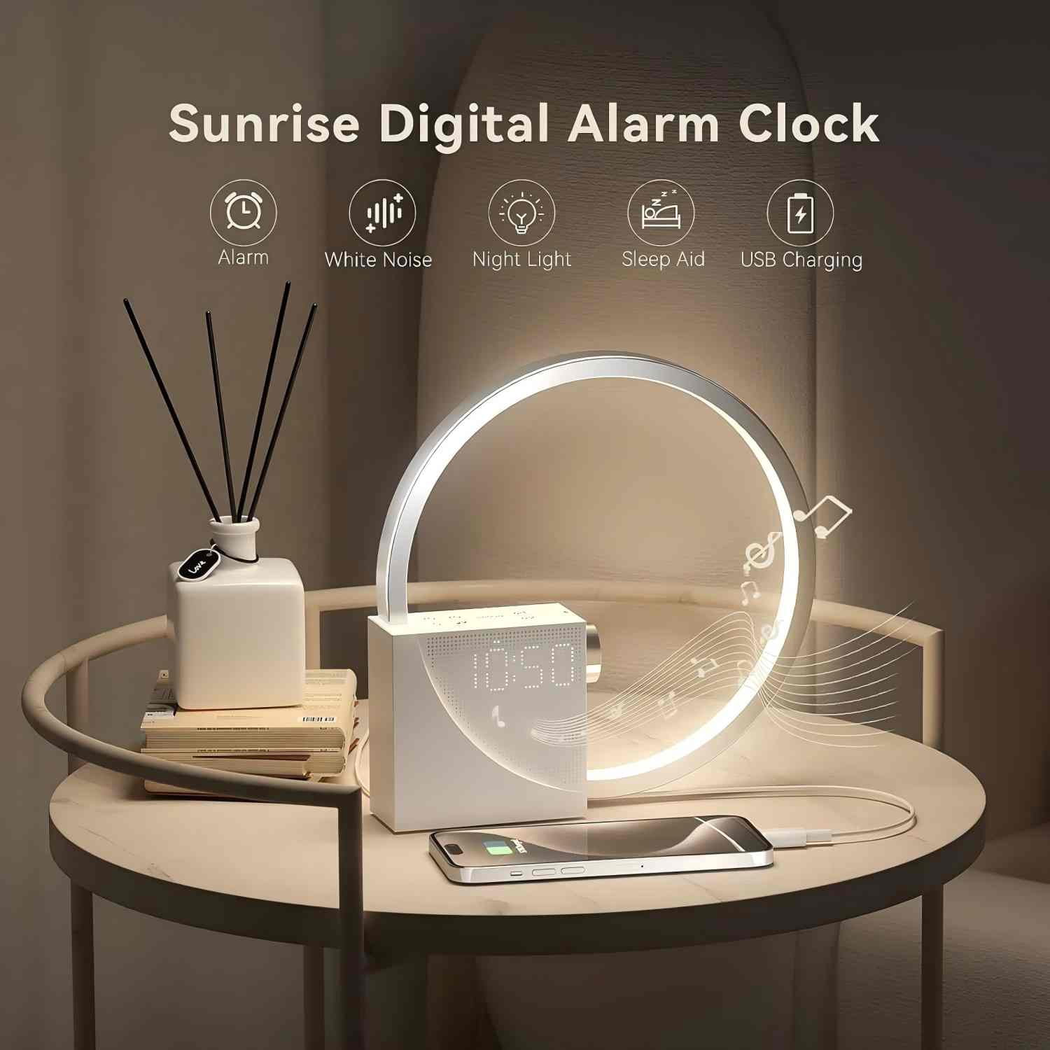 Sunrise Alarm Clock with Gradual Wake-up Light, 10 White Noise Sounds, Touch Dimmable Nightlight & Dual Alarms with Snooze for Heavy Sleepers, Silver