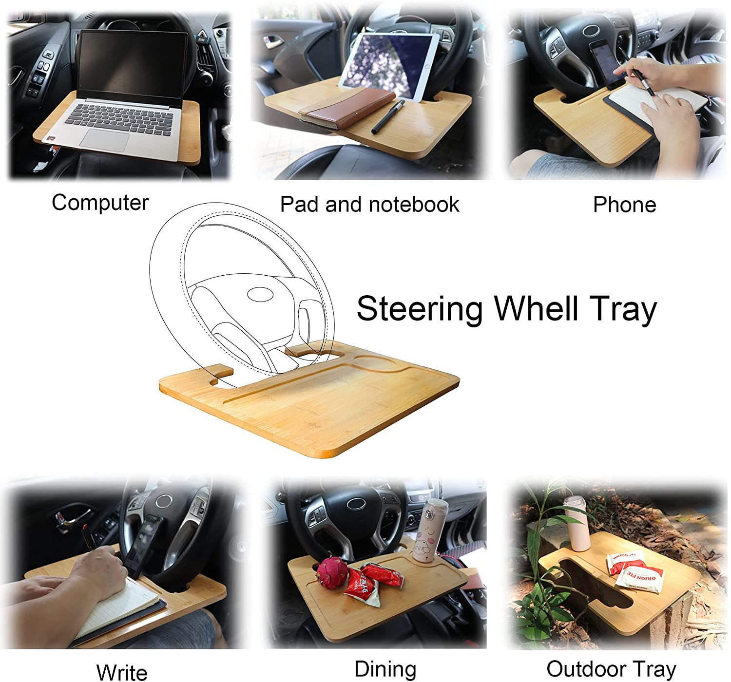 XZKING 2 in 1 Car Steering Wheel Desk, Bamboo Double-Sided Steering Wheel Tray for SUV or Truck, Car Food Tray, Car Desk for Laptop Mount