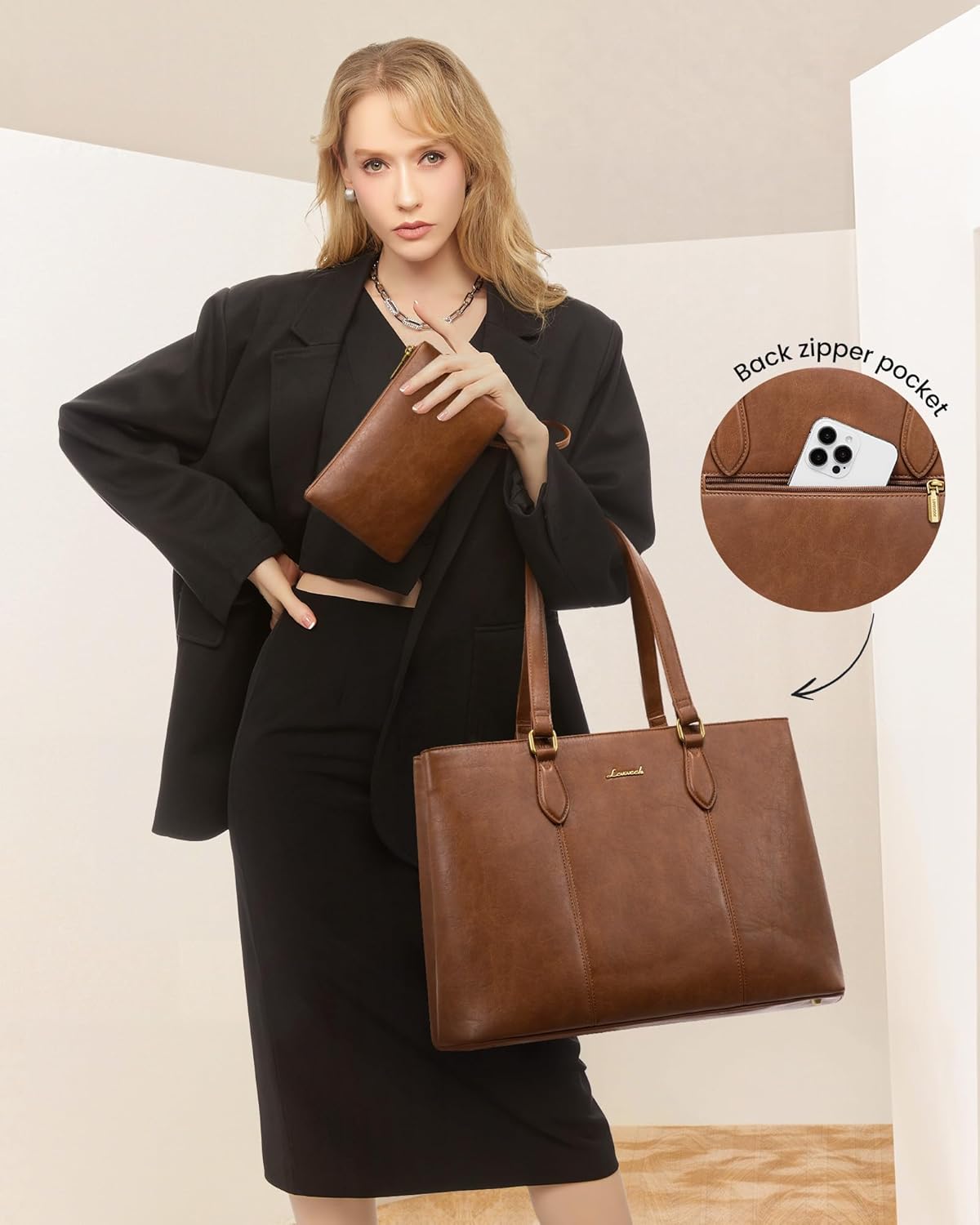LOVEVOOK Laptop Tote Bag for Women,Work Tote with Wristlet,PU Leather Computer Bag for Teacher,Office, Daily