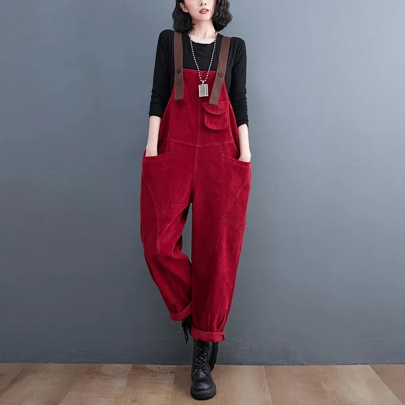 Corduroy Overalls Women Autumn And Winter Loose Large Size Retro Tooling Suspenders Jumpsuit 