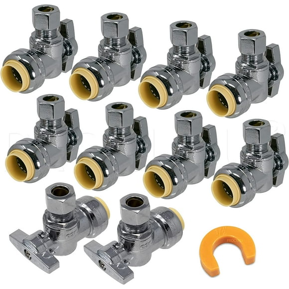 Qucyy 10-PackAngle Stop Valve 1/2" x 3/8" OD, Quarter-Turn Push-to-Connect Brass Shutoff Valve for Copper, PEX, CPVC, PE-RT, HDPE Pipes (8X8012-11T)