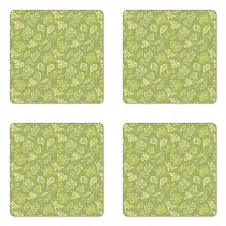 

Leaves Coaster Set of 4 Demonstration of Various Plantation Leafy Items in Tones of Green Olive Green Square Hardboard Gloss Coasters Standard Size Green Pale Green by Ambesonne