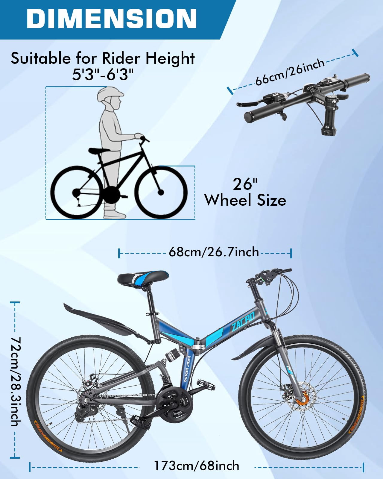 Zacro 26 inch Folding Mountain Bike for Adults, 24 Speed Carbon Fiber Wheels MTB Bicycle, Blue