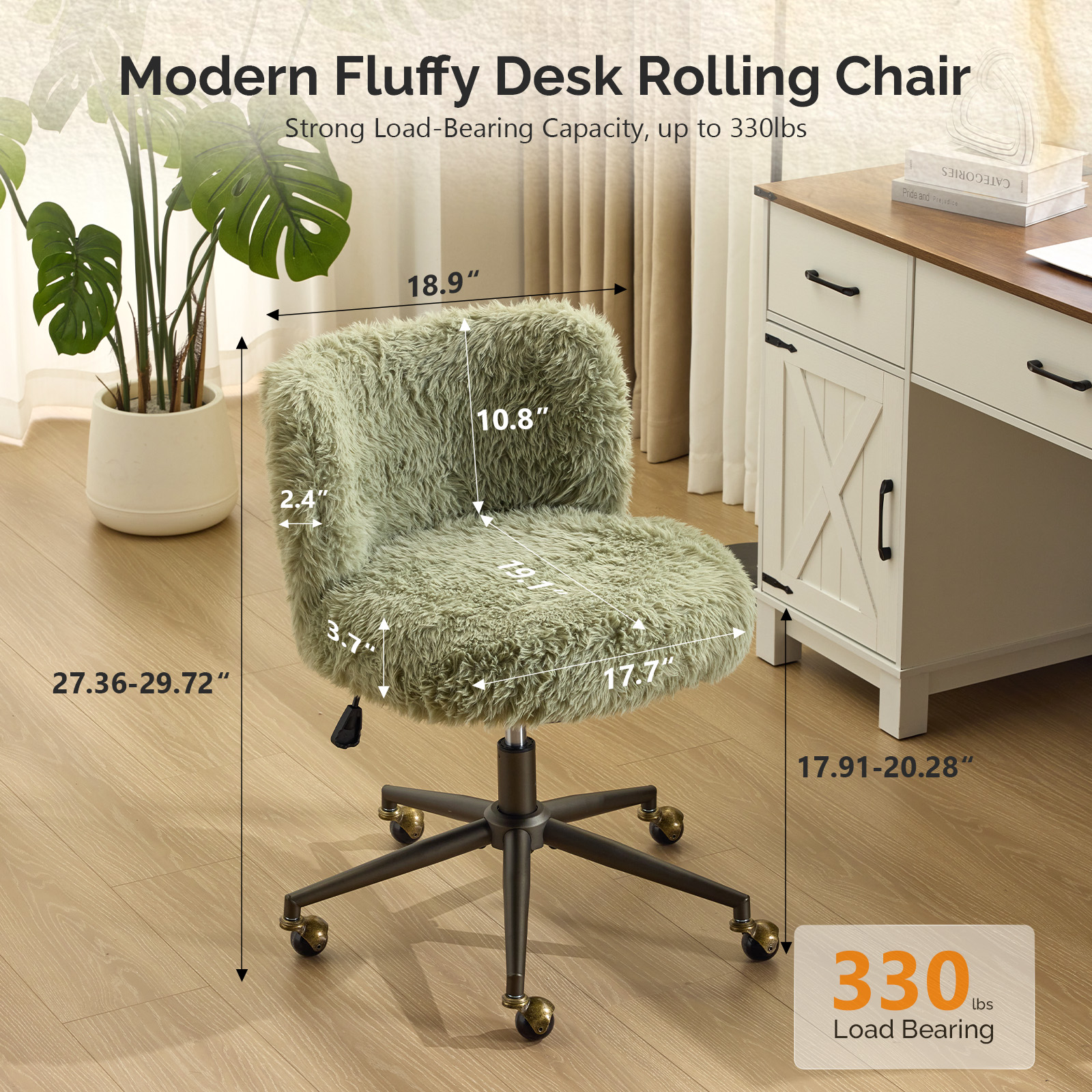 Ktaxon Vanity Chair, Adjustable Desk Chair with Metal Base and Swiveel Casters, Long Pile Fabric Makeup Chair for Women, Ideal for Office,Study and Home Green