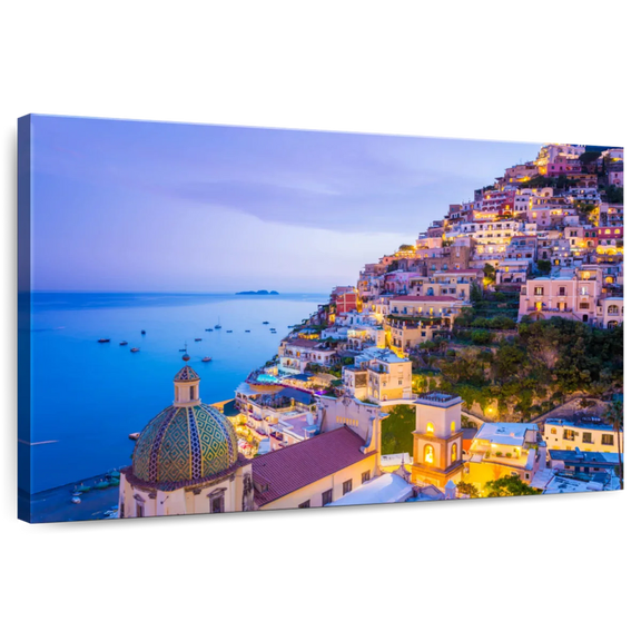 Elephant Stock Coastal Town Of Amalfi Wall Art - Horizontal Canvas Wall Art - Hallway Wall Decor - Beach Canvas - Blue And Orange Decor - 12" x 8"