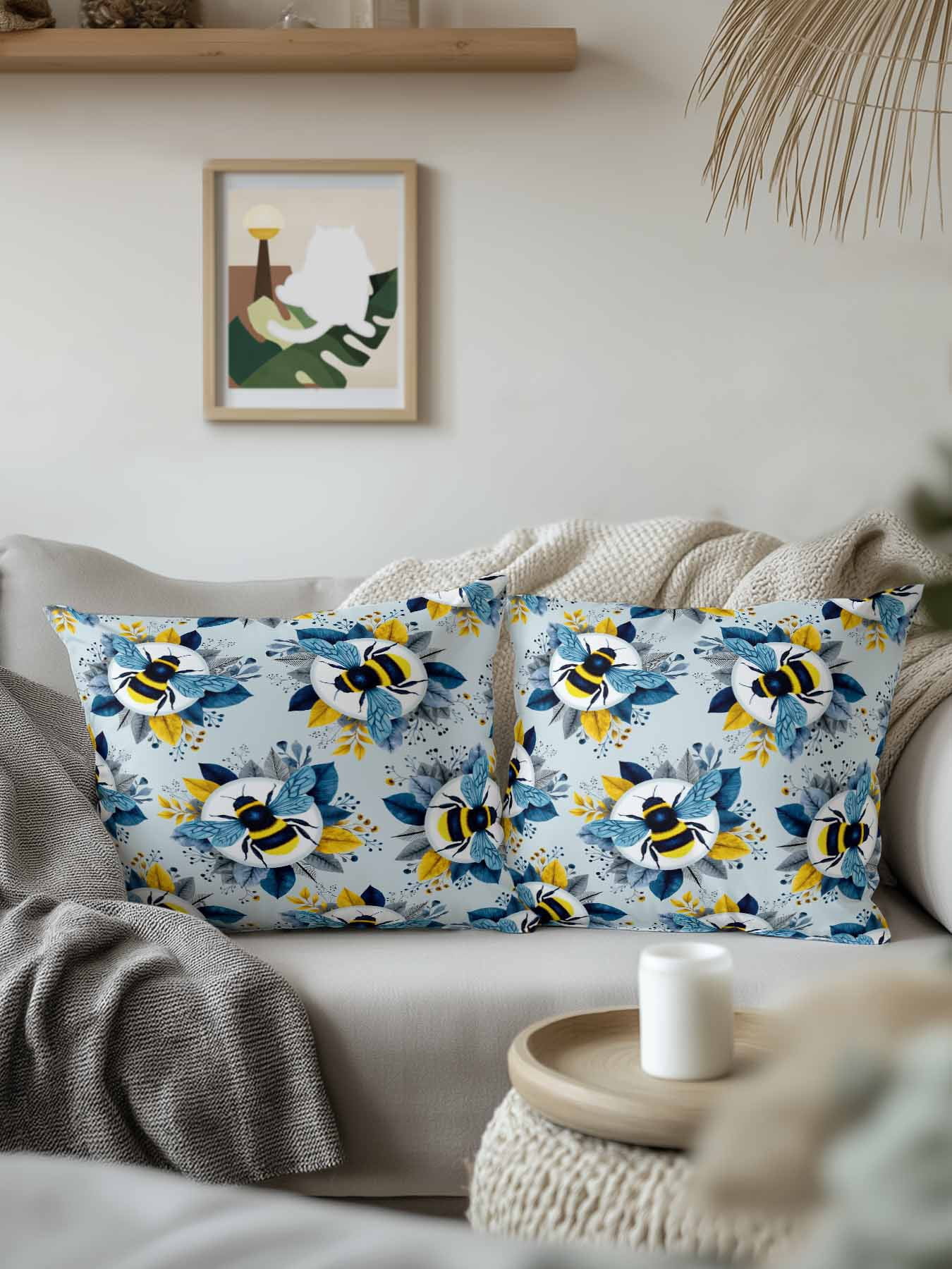 1 Pack Outdoor Throw Pillow, Gray Blue Bees Farmhouse Waterproof Pillow with Insert Included, Spring Summer Botanical Flowers Decorative Accent Cushion Sofa Pillows for Patio Porch, 16 x 16 In