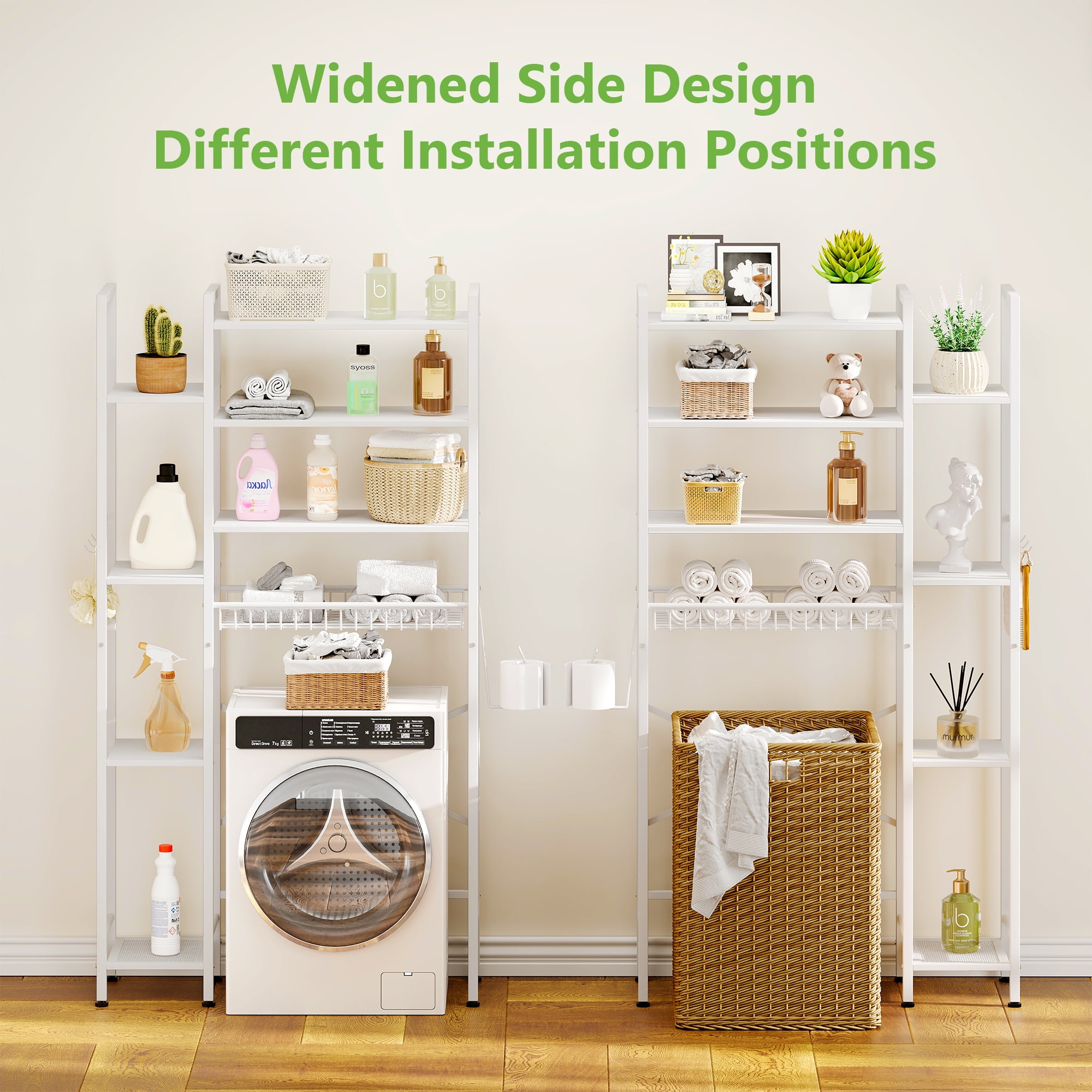 Biemlerfn 8-Tier Over the Toilet Rack, Bathroom Storage Organizer with Adjustable Shelves, Toilet Paper Holder & Hooks, White