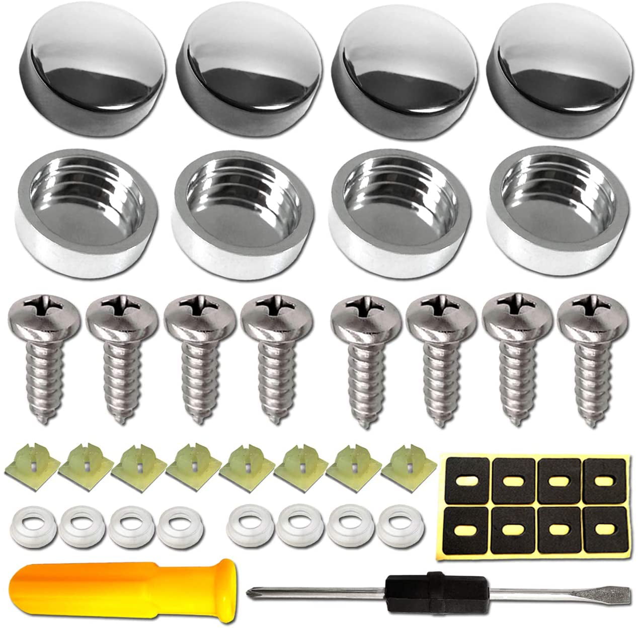 Chrome Teeth Motorcycle License Plate Tag Frame Kit Stainless Screws & Snap Caps 