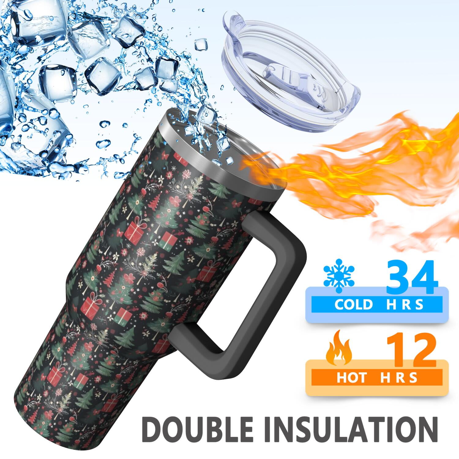 Dark Christmas Tree and Gift Pattern Tumbler with Handle and Lid,40oz Double Wall Vacuum Insulated Tumbler,Cups Gift for Women and Men