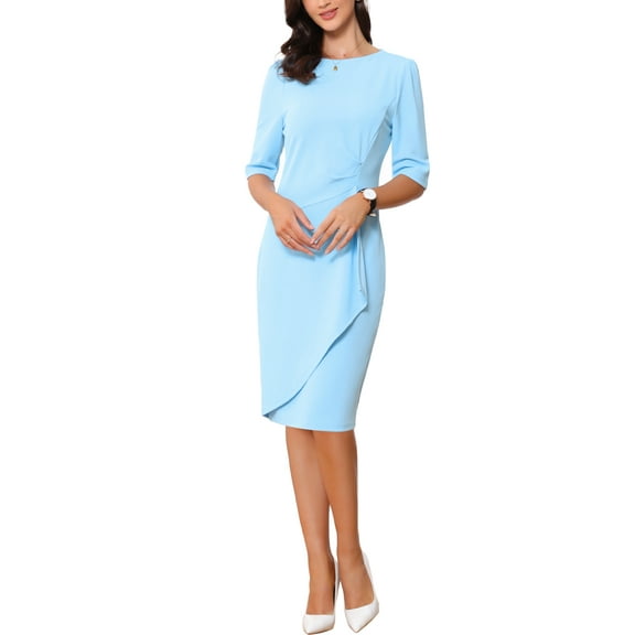 INSPIRE CHIC Ruched Dress for Women's Short Sleeve Business Work Dress Trendy L Sky Blue