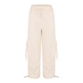 thumbnail image 4 of Beige Womens Workwear Pants Drawstring Parachute Pants With 4 Pockets High Rise Elastic Waistband Cargo Pants Women Size L, 4 of 6