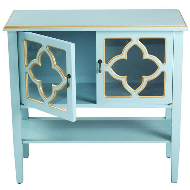 Frasera 2-Door Console Cabinet with Quatrefoil Glass Inserts & Shelf - Light Blue with Gold