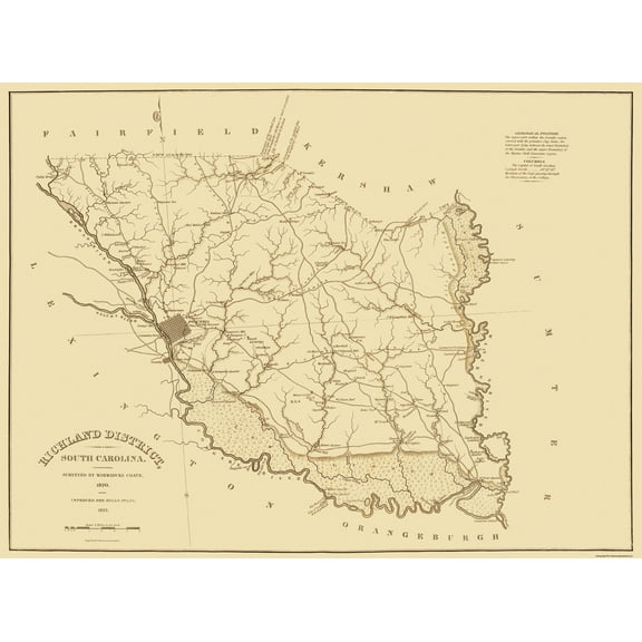 Historic County Map - Richland County South Carolina - Mills 1825 - 31 x 23 - Vintage Wall Art