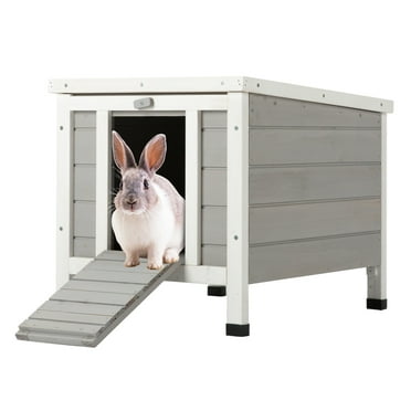Bestco Raised Weatherproof Rabbit Hutch w/ Ramp, Outdoor Wooden House for Guinea Pigs, Hens, Ducks, Cats