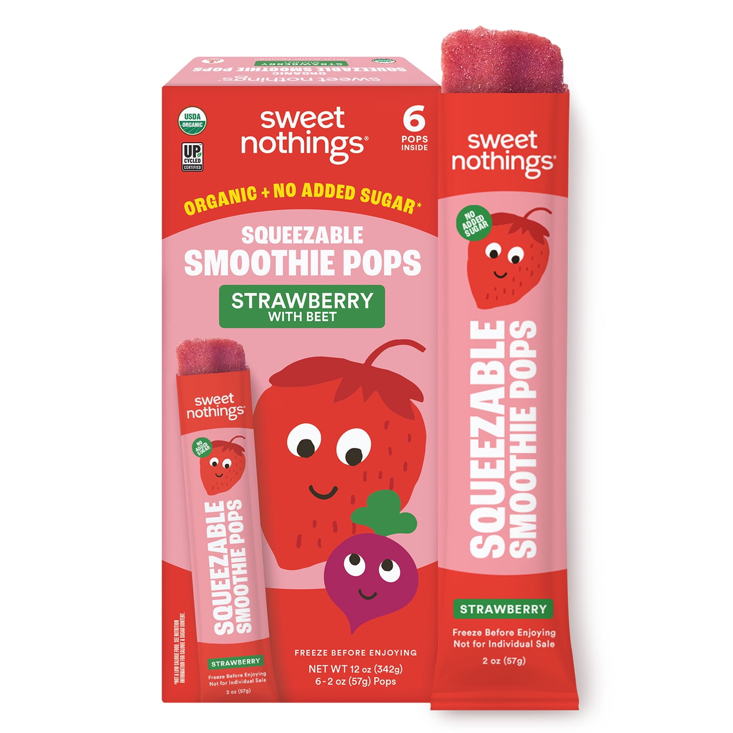 Sweet Nothings Strawberry with Beet Smoothie Organic Frozen Fruit Pops, No Added Sugar, Frozen, Dairy Free, No Allergen, 2 Ounce, 6 Count. Allergens: None