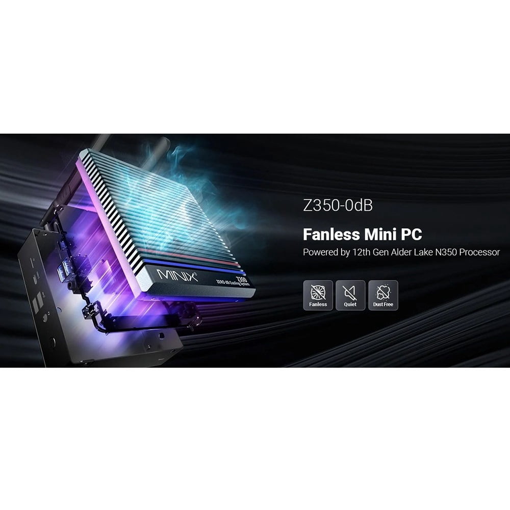 Fanless Mini PC – 16GB DDR4 RAM, 512GB SSD, Intel® Core™ i3-N350, Dual 4K Display, Wi-Fi 6, US/EU/UK Plug, Silent & Efficient MINIX NEO Z350-0dB