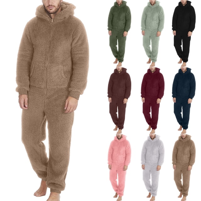 YOIAVAIOY Pyjama une Pièce pour Homme de Noël en Molleton Duveteux à Capuche à Fermeture Éclair Combinaison Tenue d'Intérieur Manches Longues Chaud en Peluche Barboteuse Kaki G