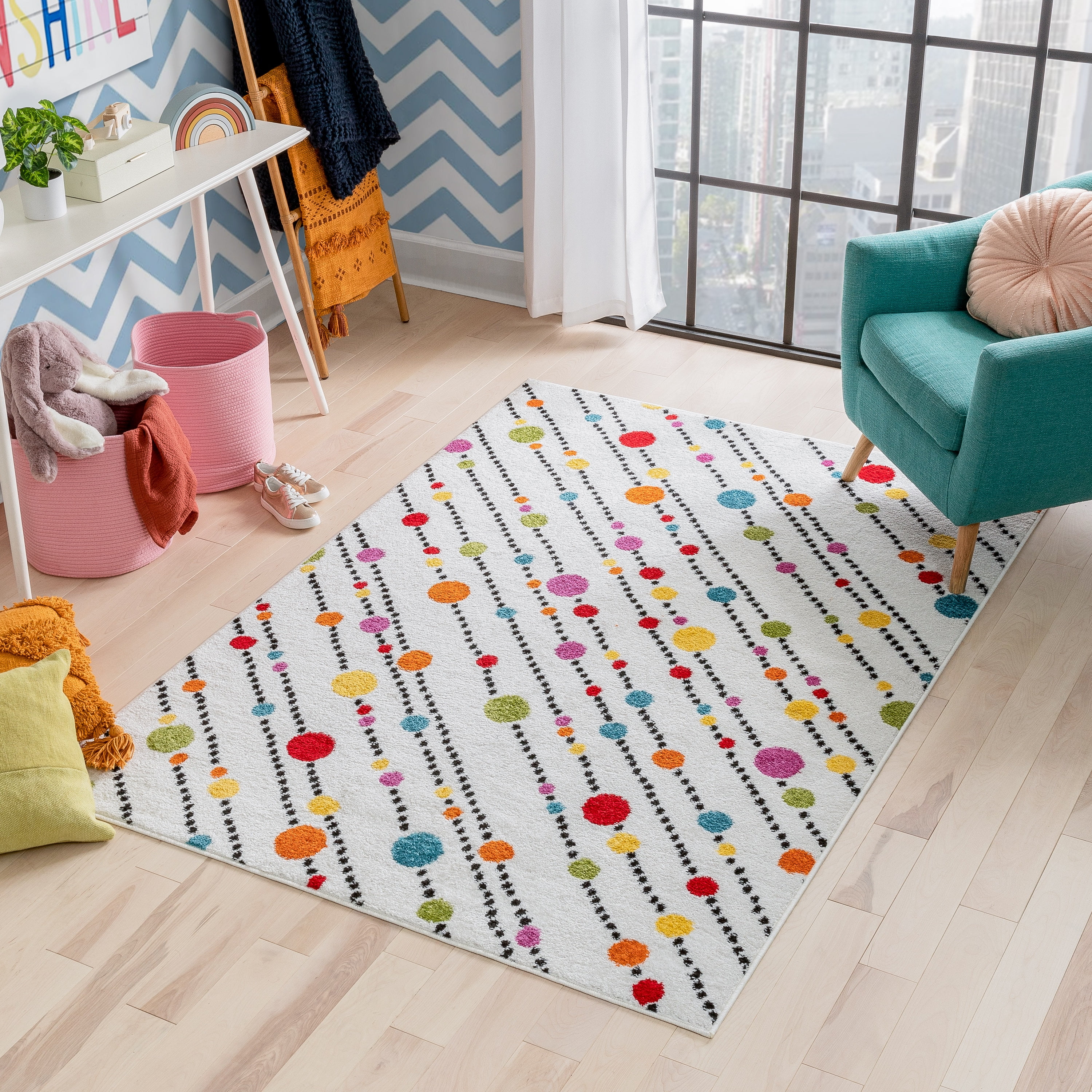 Well Woven StarBright Dandy Dots And Stripes Modern Geometric Kids Rug White 3'3" x 5' Area Rug