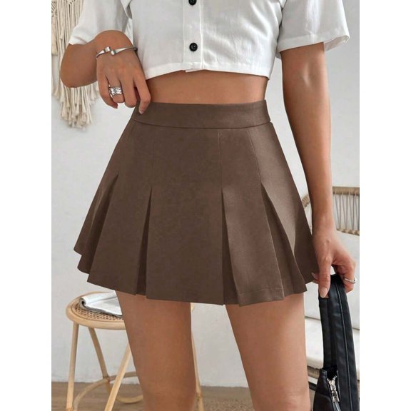 Coffee Brown Pleated A-Line Mini Skirt For Women, Casual Summer Style