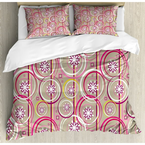 Ambesonne Floral Duvet Cover Set, Modern Retro Mix Sketch, Queen, Tan Purple Hot Pink