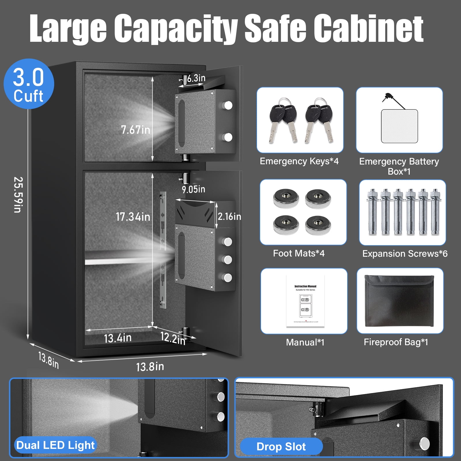 Double Door Depository Safe Box with Drop Slot - Digital Security Cabinet with Dual Keypads, Backlit Keypad, Alarm & Adjustable Shelf for Home, Office, Business - Heavy Duty Alloy Steel