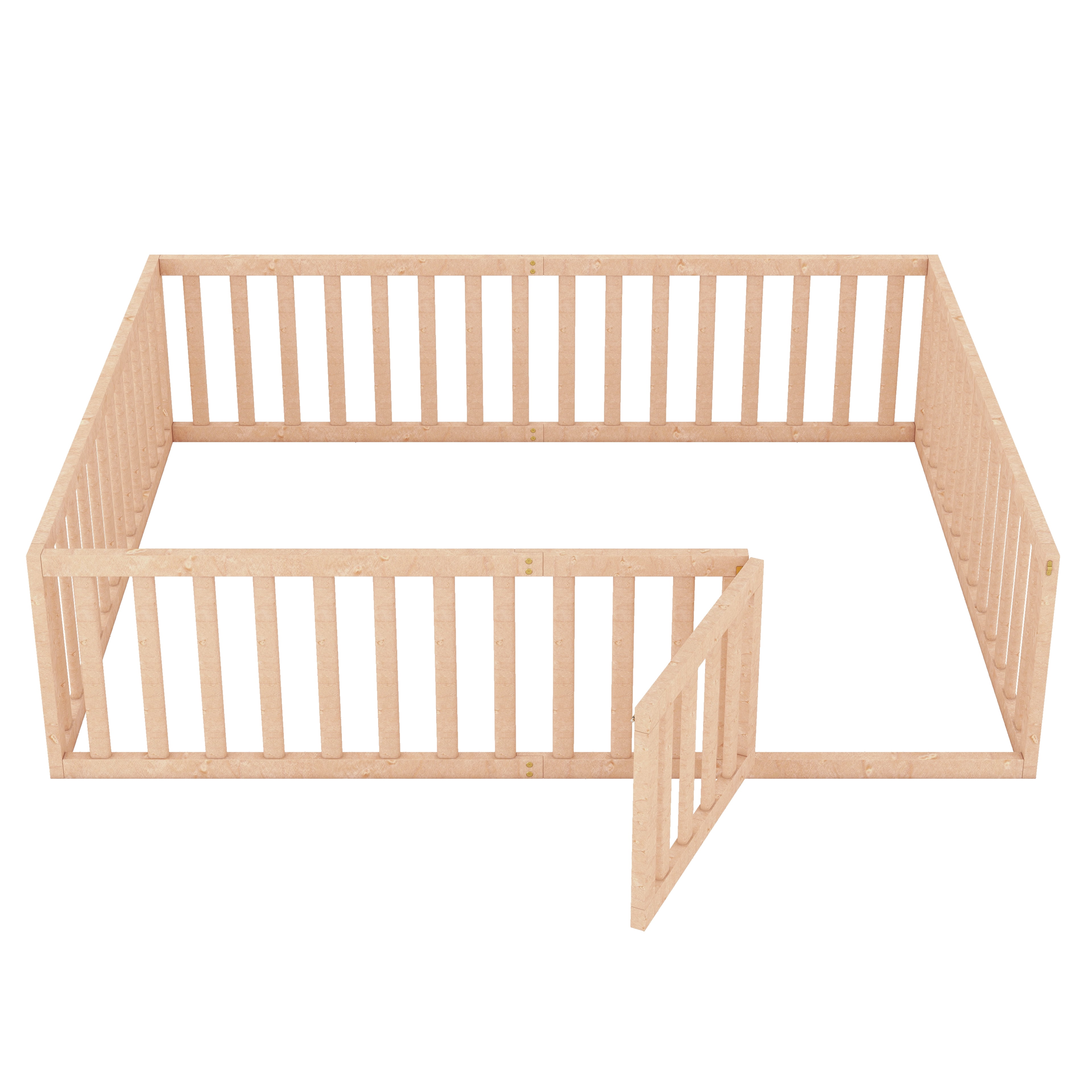 Bellemave Queen Size  Floor Bed with Fence and Door, Wood Montessori Bed Frame, Floor Bed Frame, Slats Not Included (Queen,Natural)
