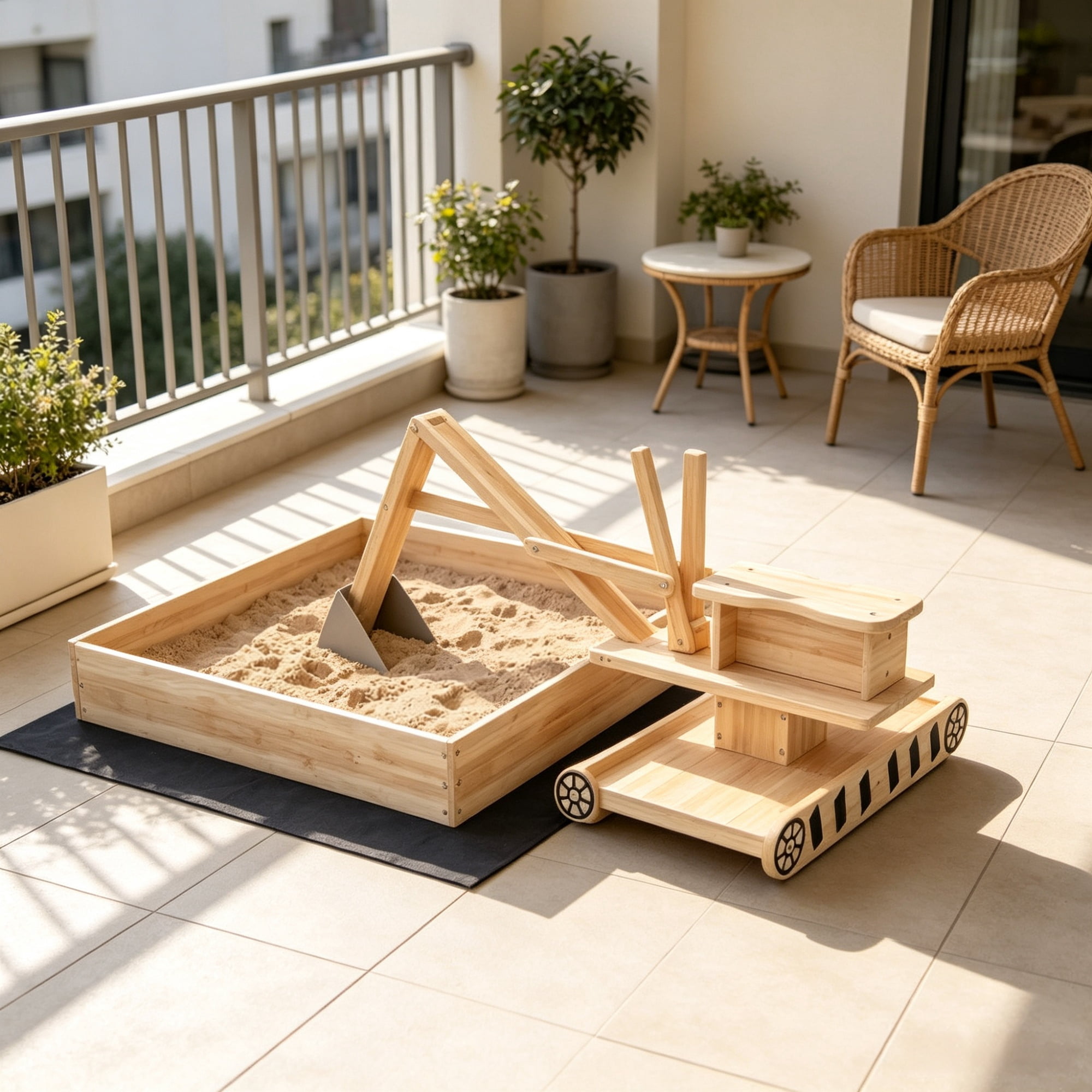 Kids Wooden Sandbox with Digger And 360° Rotating Seat Bottom Liner Included 72" x 35" x 22"