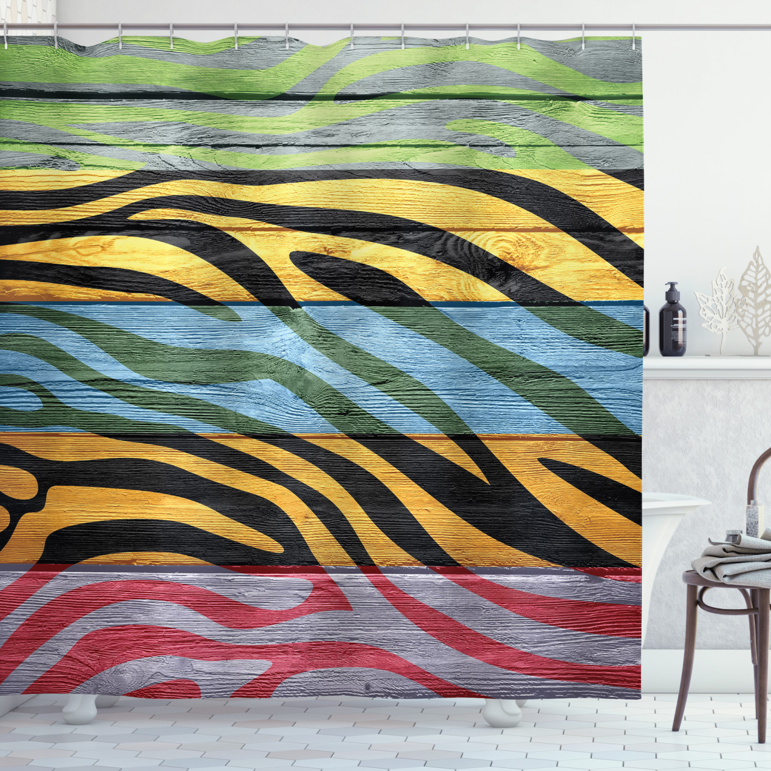 Zebra Print Shower Curtain, Colorful Zebra Print on Hardwood Timber