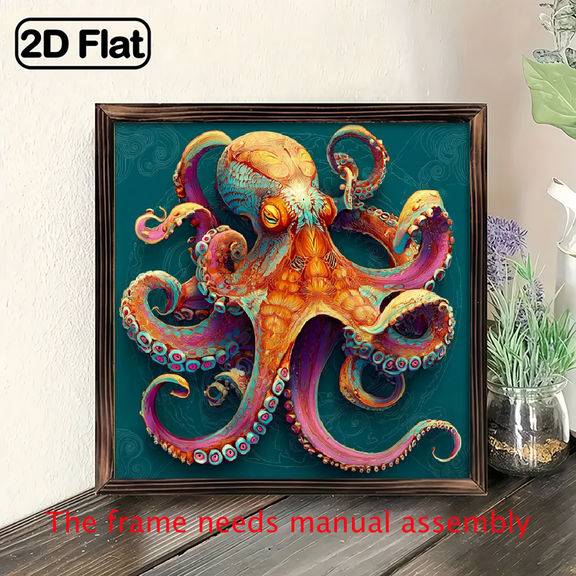 2D Flat, 1pc 8-inch Colorful Octopus Wall Art Decor with Wooden Frame - Vibrant Teal Golden Print, Vertical Indoor Wall Hanging for Home, Coffee, Desktop - Perfect for Halloween, Christmas, Spring