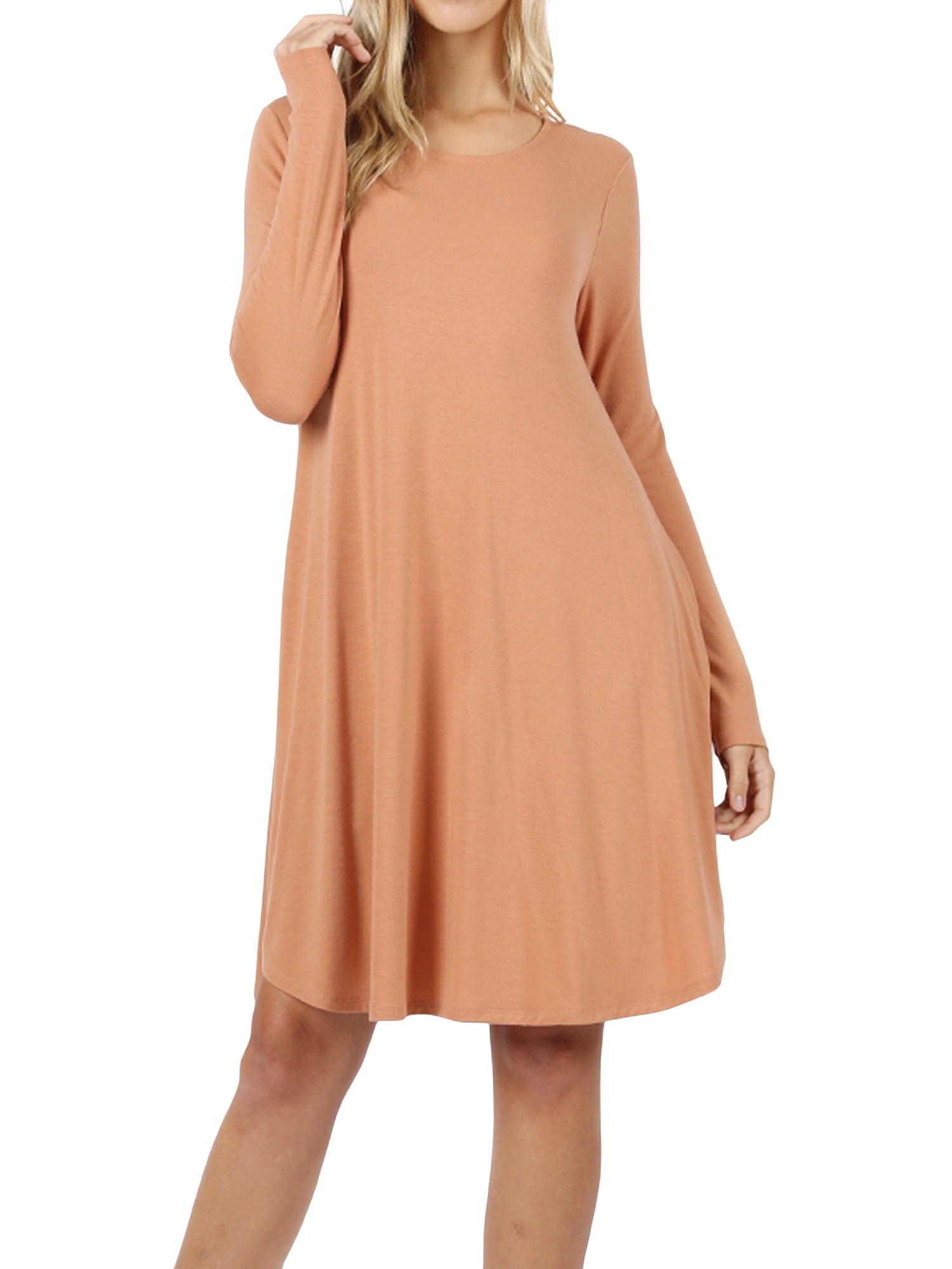 TheLovely - Women Long Sleeve Round Hem A-Line Pleated Swing Dress with ...