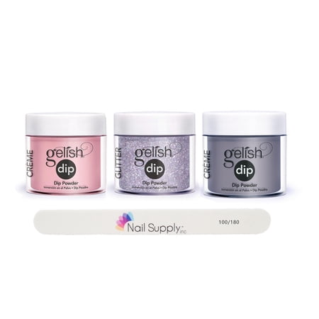 Gelish Professional Grade Salon Quality DIY Acrylic Dip Powder Set of 3 with Free Nail File Glitter and Creme