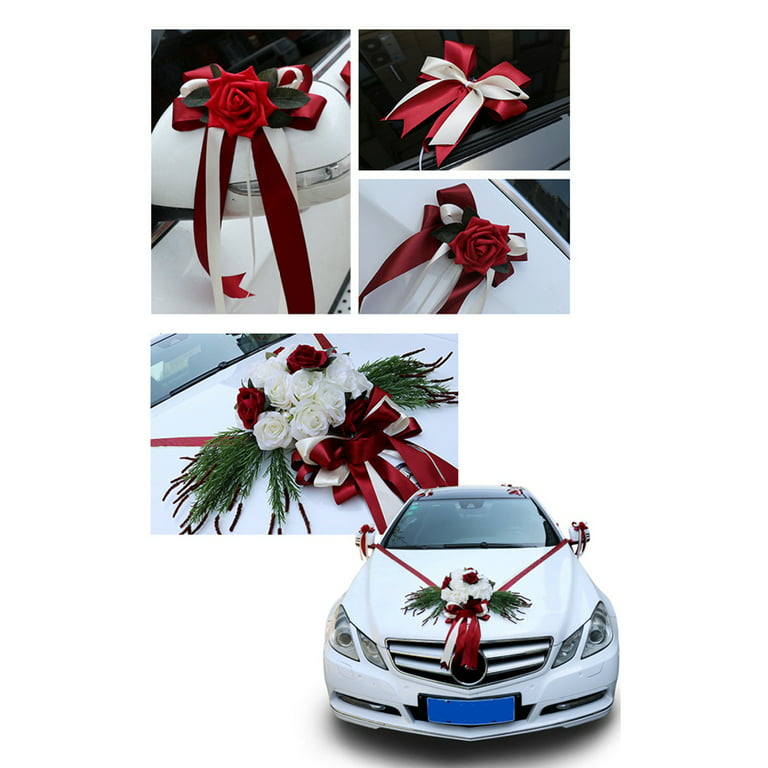 EUBUY Ribbon Flowers Wedding Car Decoration Bow Artificial Rose Embellished  Auto Exterior Body Decor Claret 
