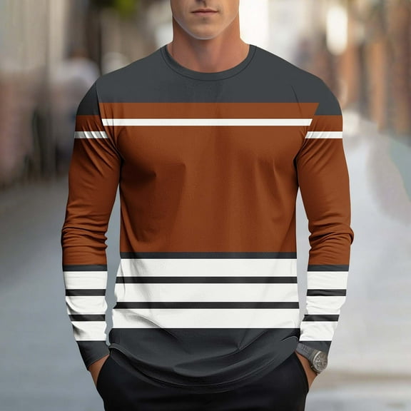 DAFPZW Color Block Long Sleeve Shirts for Men Striped Fall Casual T-Shirt Vintage Loose Crewneck Blouse Tops 2025 Streetwear