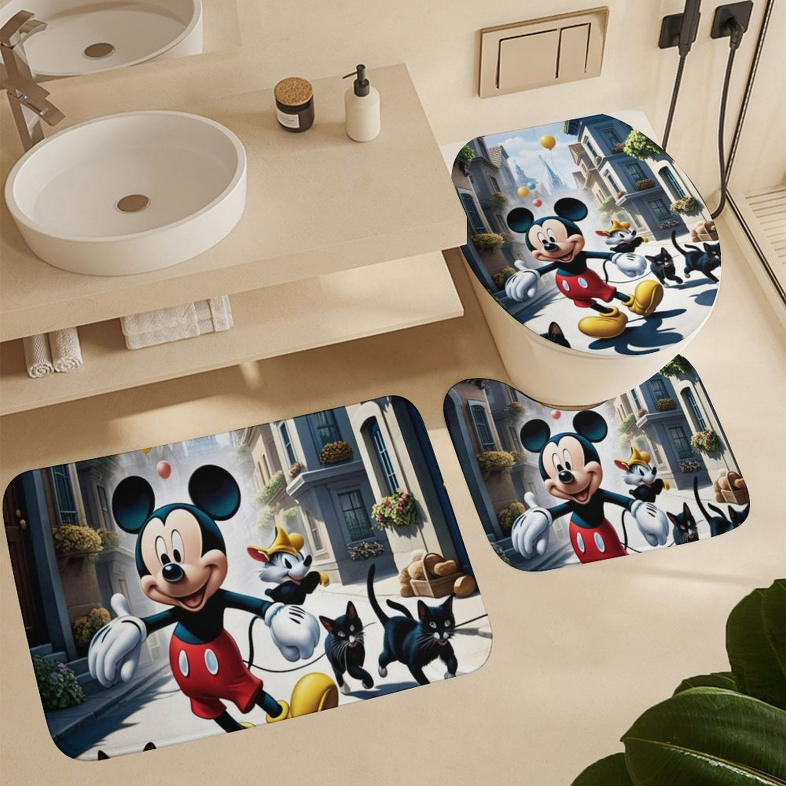 Cartoon Mouse 4PCS Shower Curtain Bathroom Set with Rugs, Toilet Lid Cover And Bath Mat, Shower Curtain with 12 Hooks, Durable Bathroom Decor Set