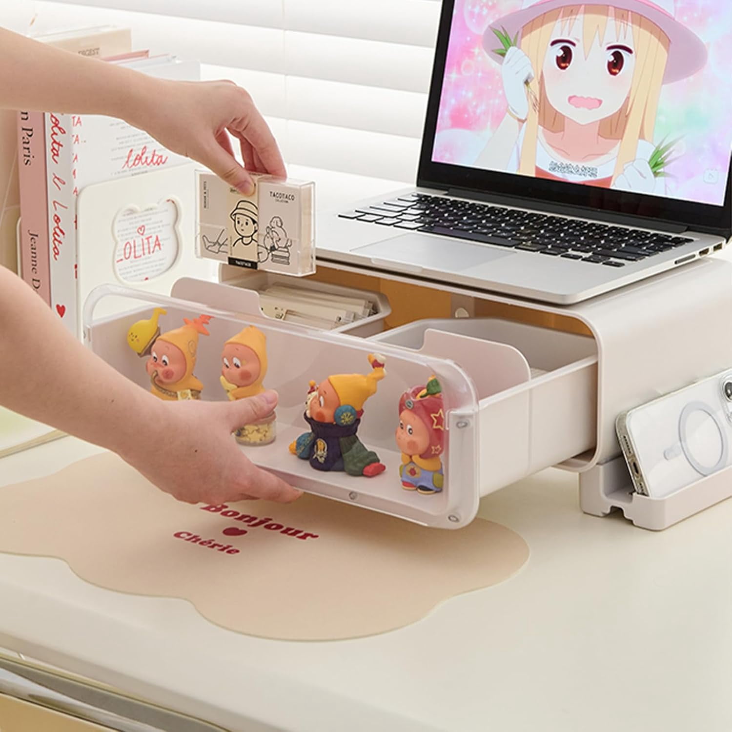 Monitor Stand Riser, Computer Monitor Stand with Drawer and Display Minifigures, Computer Desktop Stand with Lights, Removable Elevated Structure, Compatible with Computers, Desktops, and Laptops