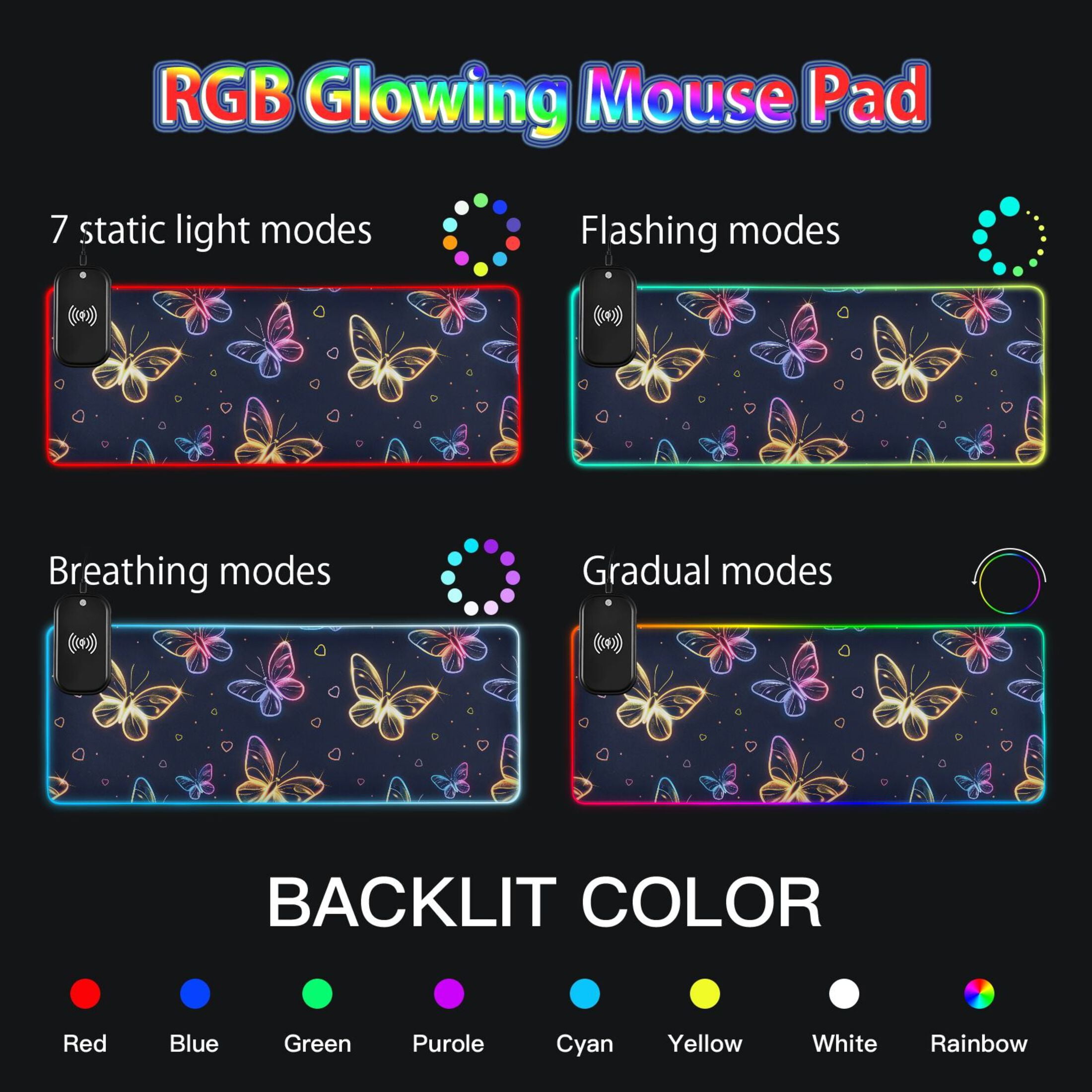 Wireless Charging Mouse Pad Large RGB Gaming Desk Mat 13 Light Modes Mousepad 31.5x11.8 Cute Neon Butterflies